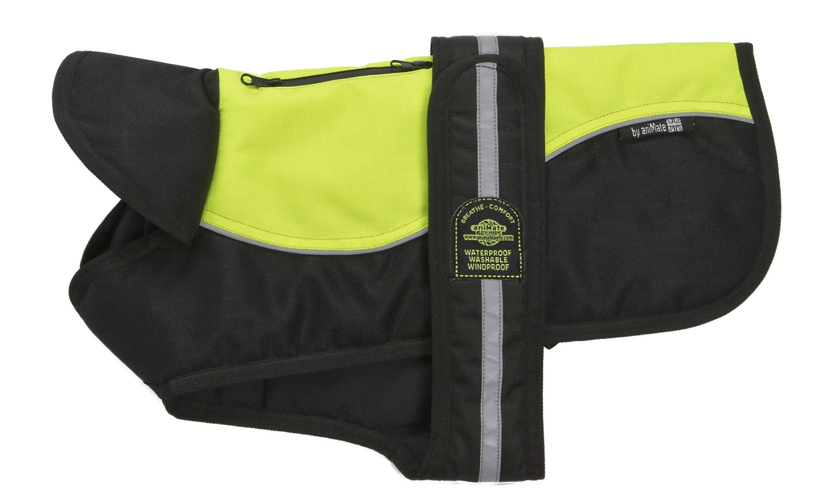 AniMate, Padded Waterproof Underbelly Harness Dog Coat Black & Hi Viz