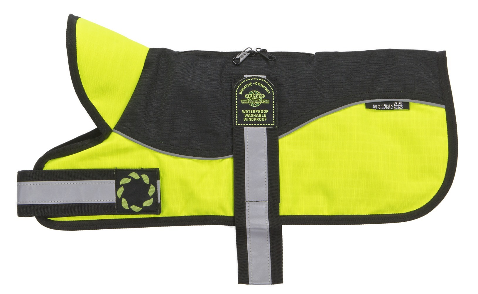 AniMate, Padded Waterproof Harness Dog Coat Black & Hi Viz