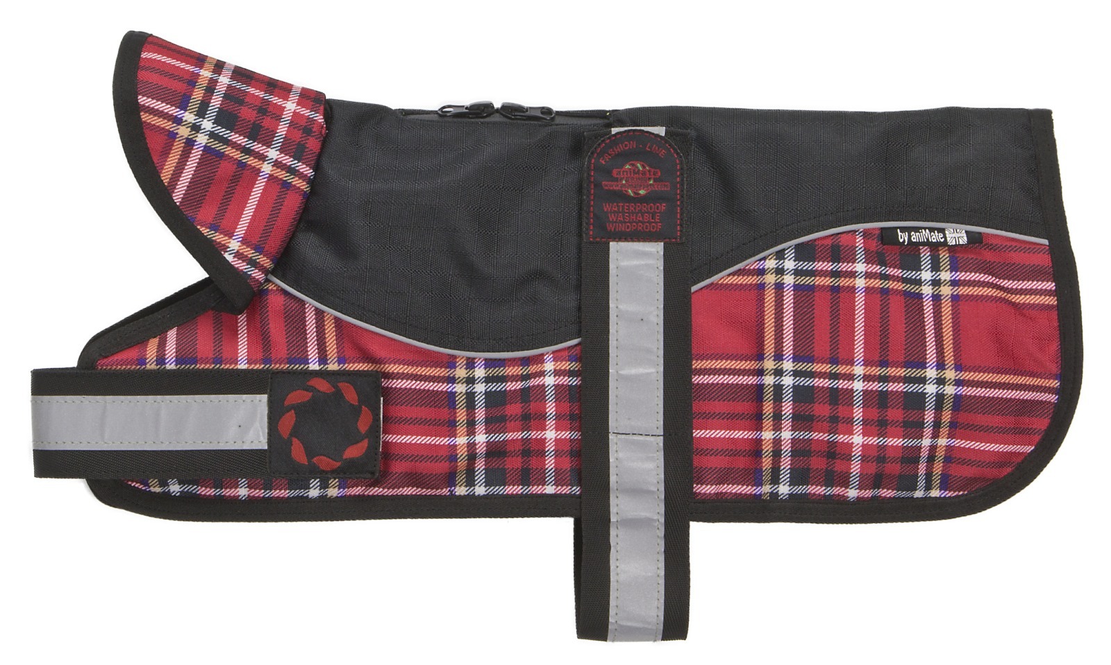 AniMate, Black & Red Tartan Padded Waterproof Harness Dog Coat