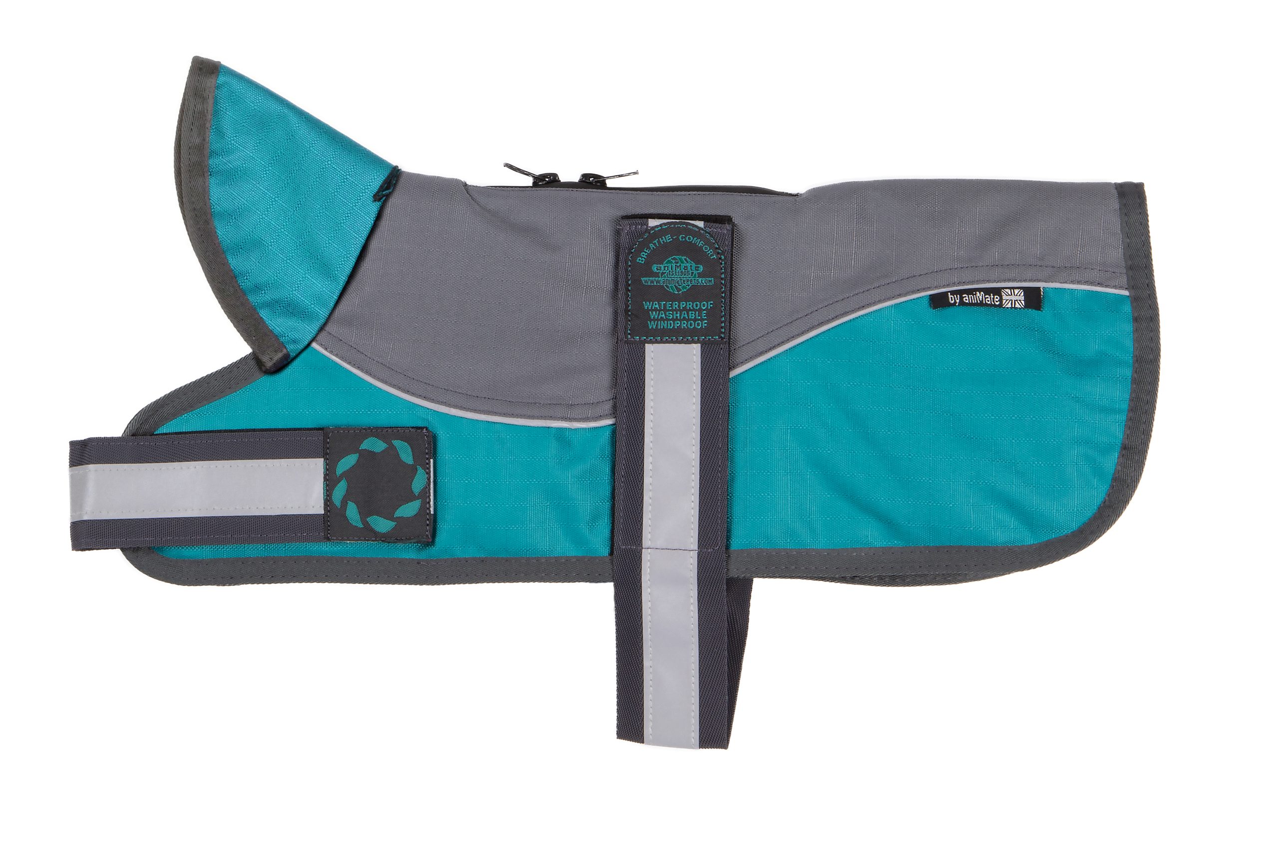 AniMate, Padded Waterproof Harness Dog Coat, Teal & Grey